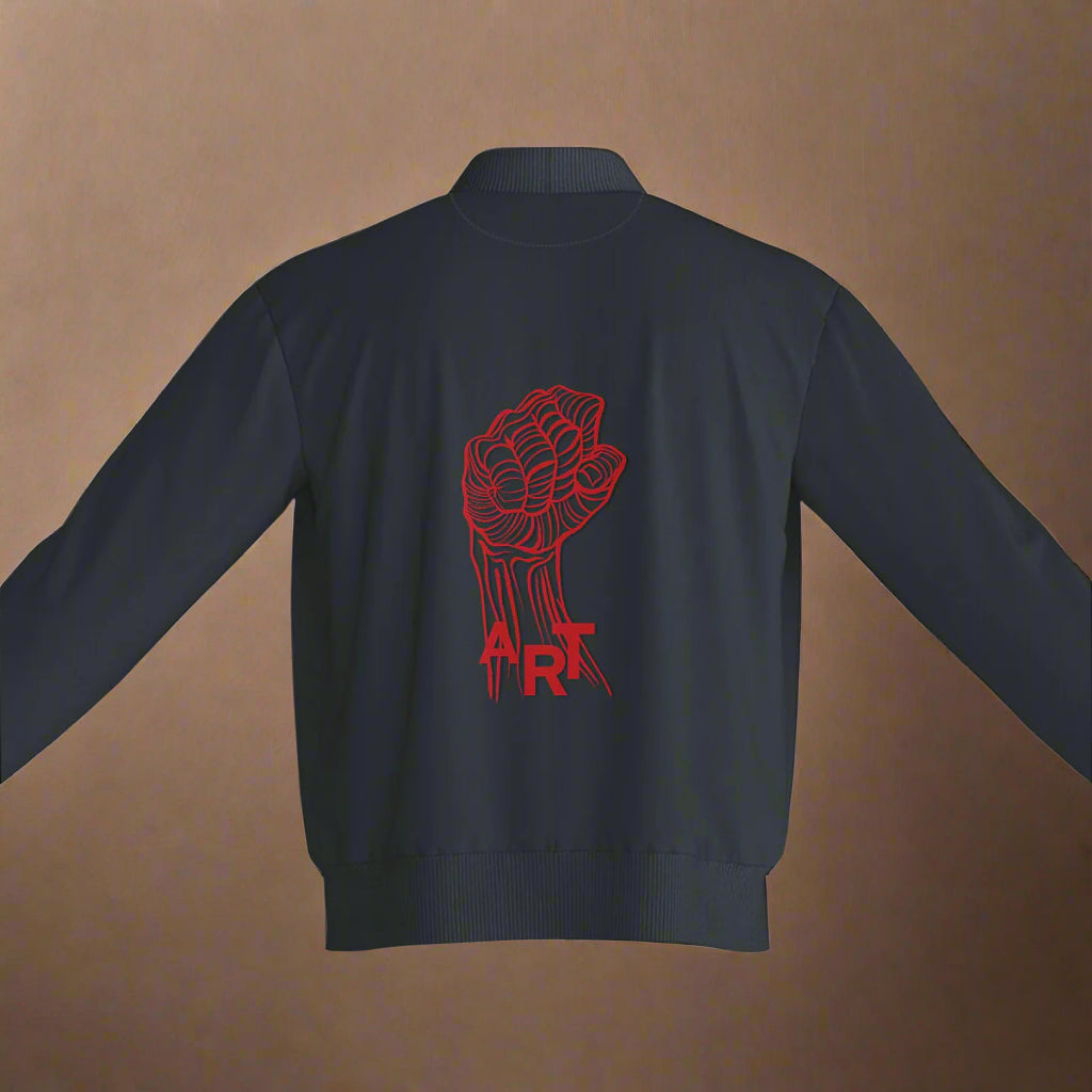 A black unisex bomber jacket with a red graphic of a fist and the word 'ART' on the back.