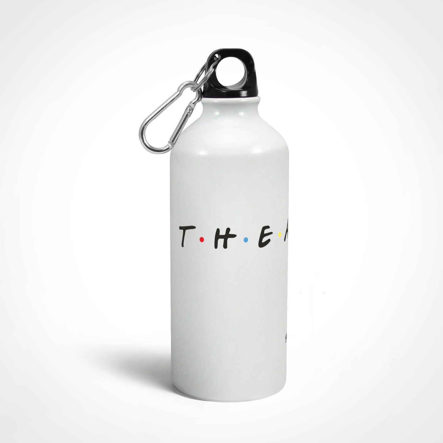 A white sipper bottle with a black text 'T.H.E.A.T.R.E' and a twist-on lid, featuring a carabiner and keychain ring.