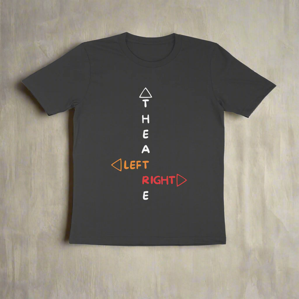 Men's round neck black t-shirt with text design in different colors.