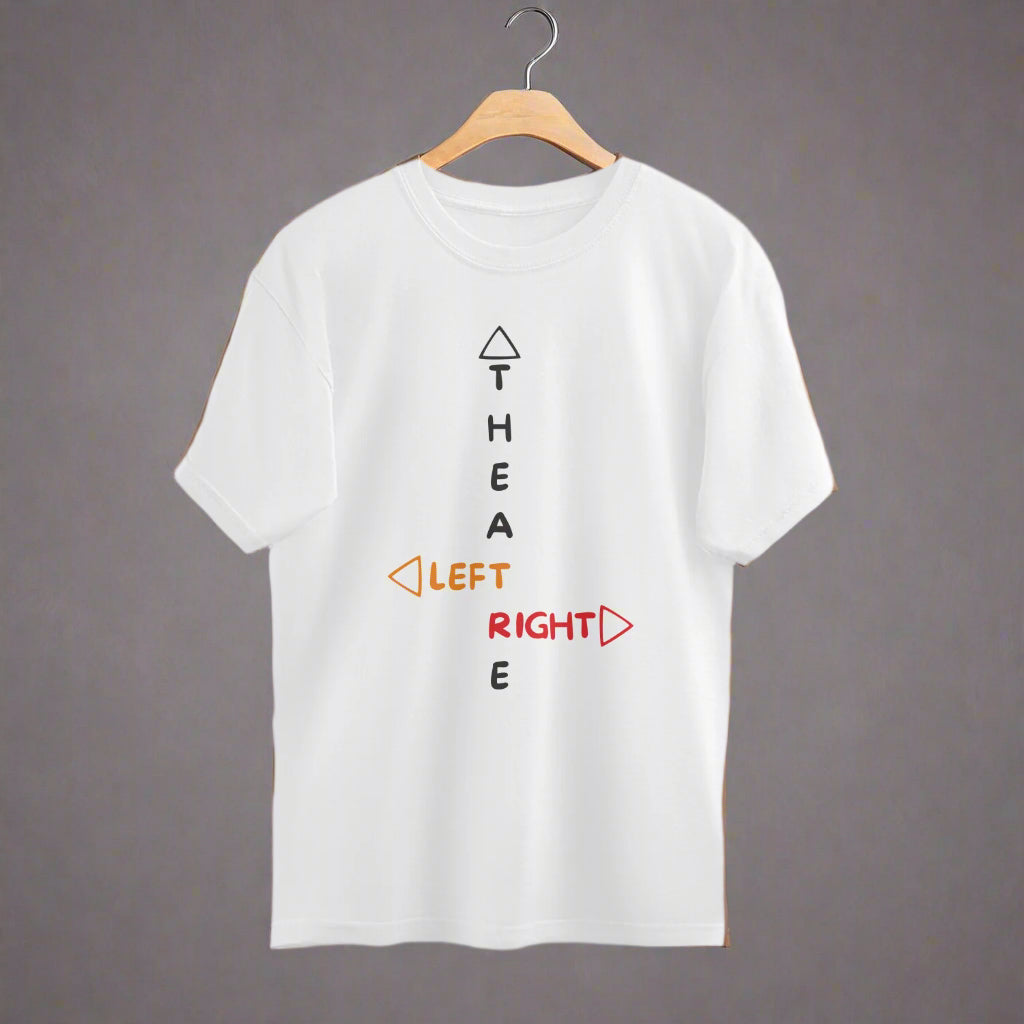 A white oversized t-shirt with text and geometric symbol graphics on it, displayed on a plain background.