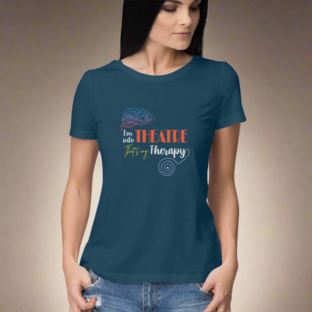 A woman wearing a white round neck T-shirt with text and a graphic design.