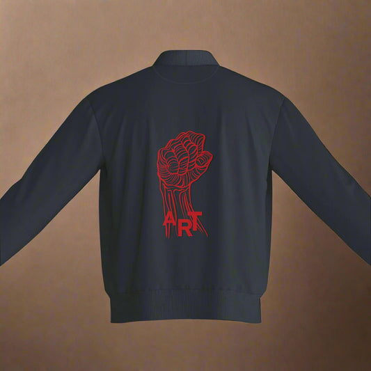 A black unisex bomber jacket with a red graphic of a fist and the word 'ART' on the back.