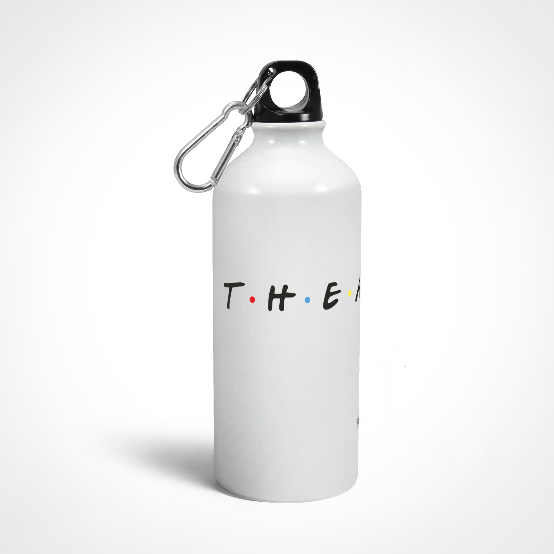 A white sipper bottle with a black text 'T.H.E.A.T.R.E' and a twist-on lid, featuring a carabiner and keychain ring.