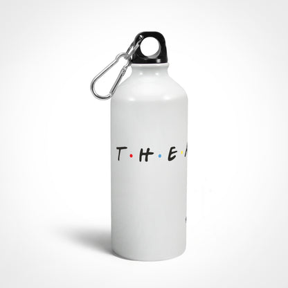 A white sipper bottle with a black text 'T.H.E.A.T.R.E' and a twist-on lid, featuring a carabiner and keychain ring.