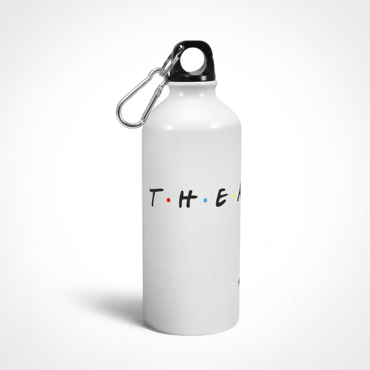 A white sipper bottle with a black text 'T.H.E.A.T.R.E' and a twist-on lid, featuring a carabiner and keychain ring.