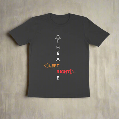 Men's round neck black t-shirt with text design in different colors.