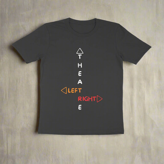 Men's round neck black t-shirt with text design in different colors.