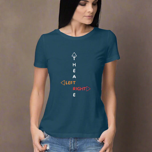 A woman wearing a navy blue round neck t-shirt with text and geometric symbols on it.