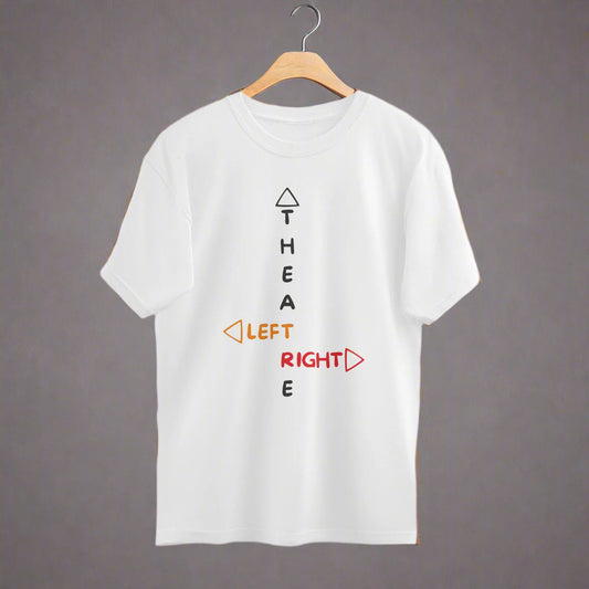 A white oversized t-shirt with text and geometric symbol graphics on it, displayed on a plain background.