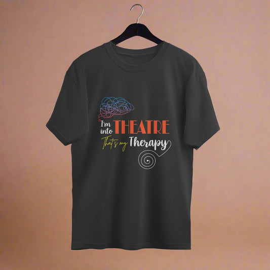 A black unisex oversized t-shirt with a colorful design and text that reads 'I'm in theatre therapy'.