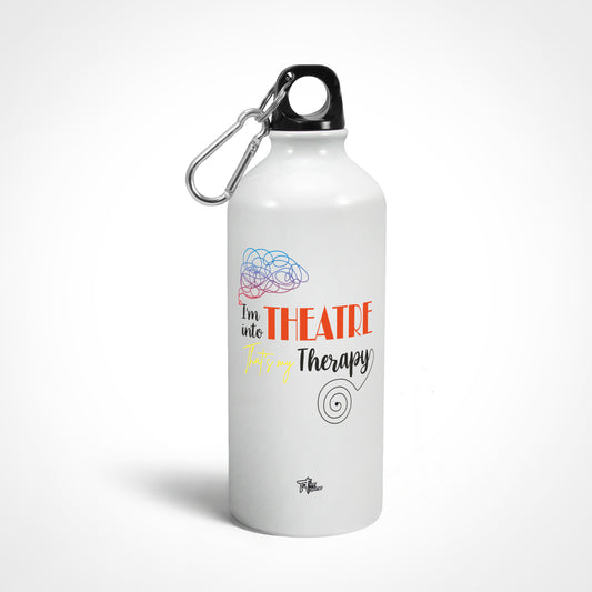 A white aluminum sipper bottle with a gloss finish, featuring multicolor 'Theatre Therapy' text and a carabiner attached to it.